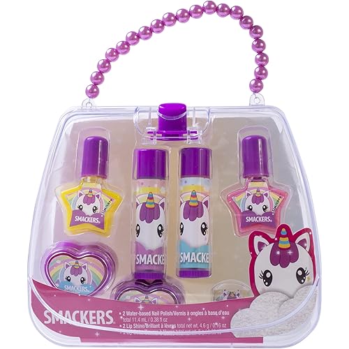 Lip Smacker Unicorn Nail Polish & Flavored Lip Balm Makeup Bag for Girls | Tote | Purse | Christmas Make Up Collection | Holiday Present | Gift for Kids Set of 7