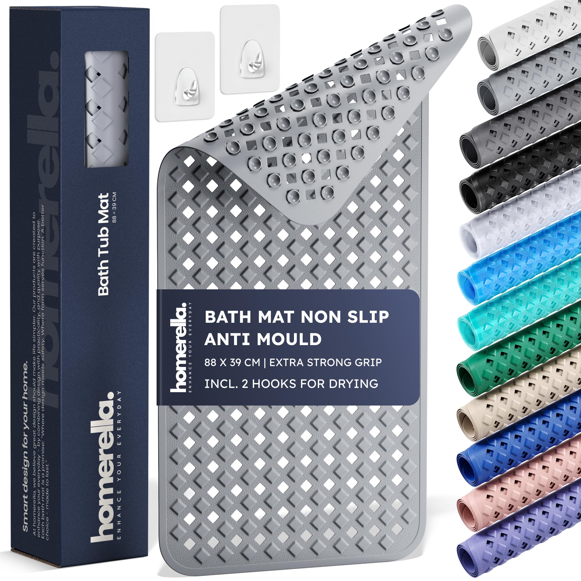 Homerella Girls Grey Bathtub Mat Non Slip Anti Mould 88X39cm - Homerella® Shower Mat Machine Washable & Bpa Free, Shower Mat Non Slip Anti Mould, Anti Slip Bath Mat, Shower Mats For Inside Shower And Tub