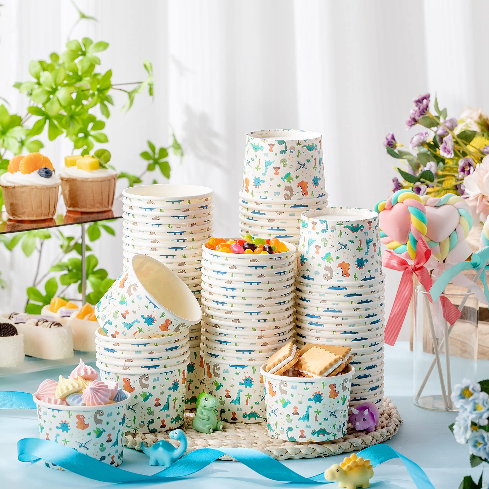 Nuanchu 100 Pack Dinosaur Ice Cream Cups for Kids 9 oz Dinosaur Themed Paper Snack Bowls Disposable Snack Cups for Sundae, Frozen Yogurt, Soup Dinosaur Party Supplies