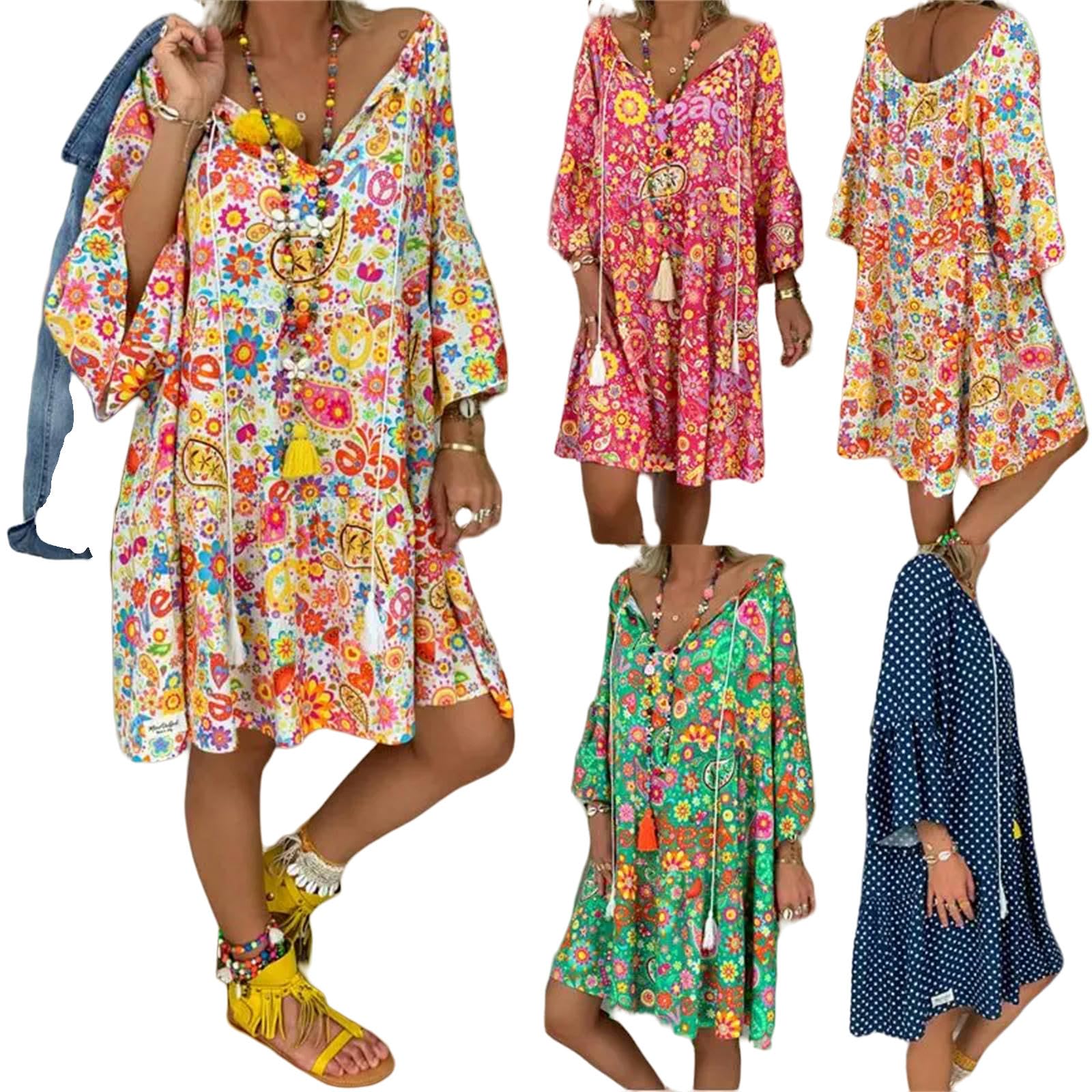 Vestido para Mujer Summer Women Boho Estampado Floral Manga Larga Vestina V Vestido Casual De Vestidos Sueltos Casuales.