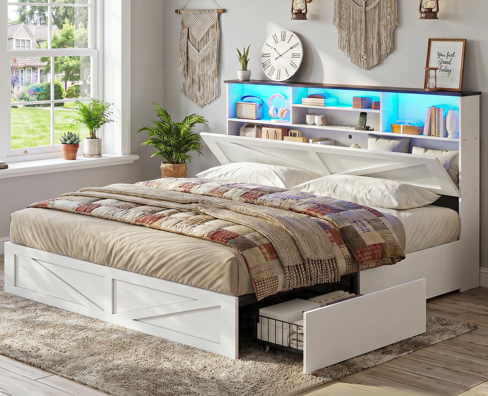 AOGLLATI Farmhouse King Bed Frame with 4 Storage Drawers and LED Lights