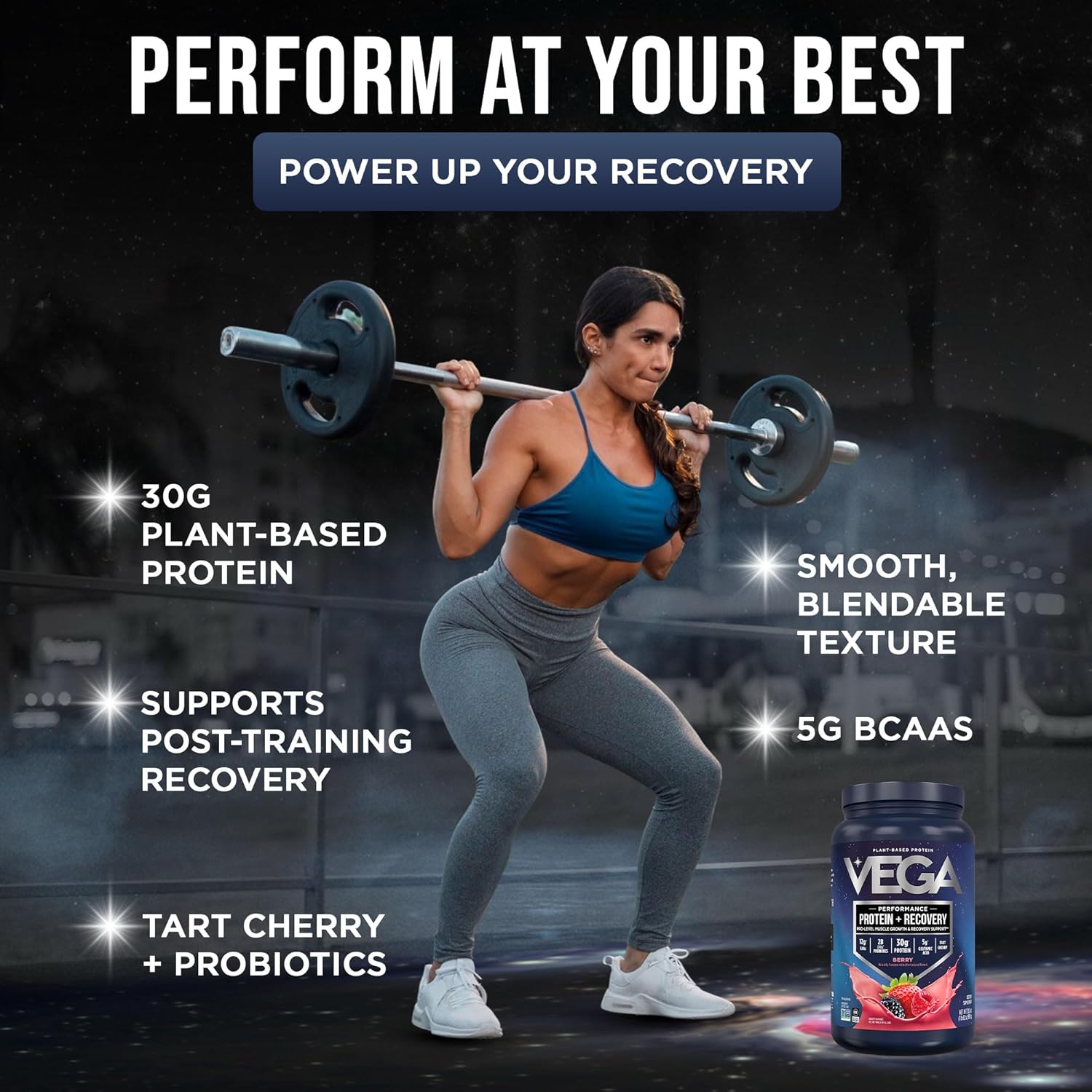 Vega Protein + Recovery, Berry – 30g Vegan Protein, Dairy & Gluten Free, Probiotics, NSF Certified, 28.8 oz (19 Servings)
