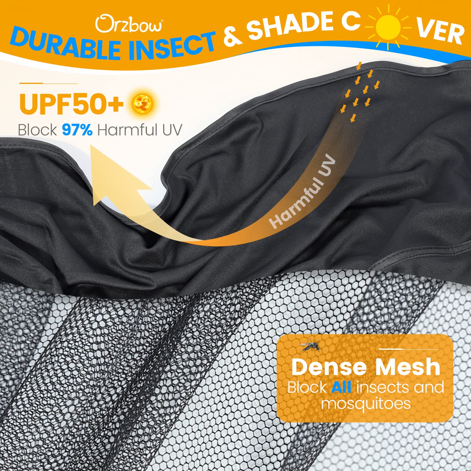 Orzbow Baby Mosquito Net with Sun Shade UPF50+ for Stroller, Universal Stroller Mosquito Netting Privacy Cover with Two-Way Zipper and Storage Bag for Car Seats, Bassinets, Cradles, Mini Cribs, Black - 2
