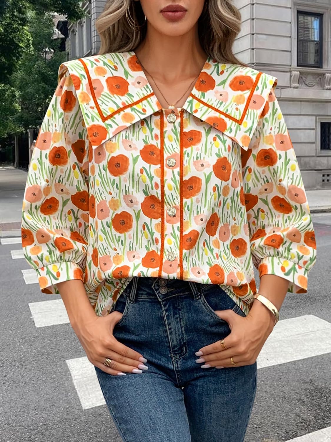 Women's 2026 Fashion Tops 100% Cotton Button Down Shirts V Neck 3/4 Length Sleeve Floral Peter Pan Collar Blouses - Image 3