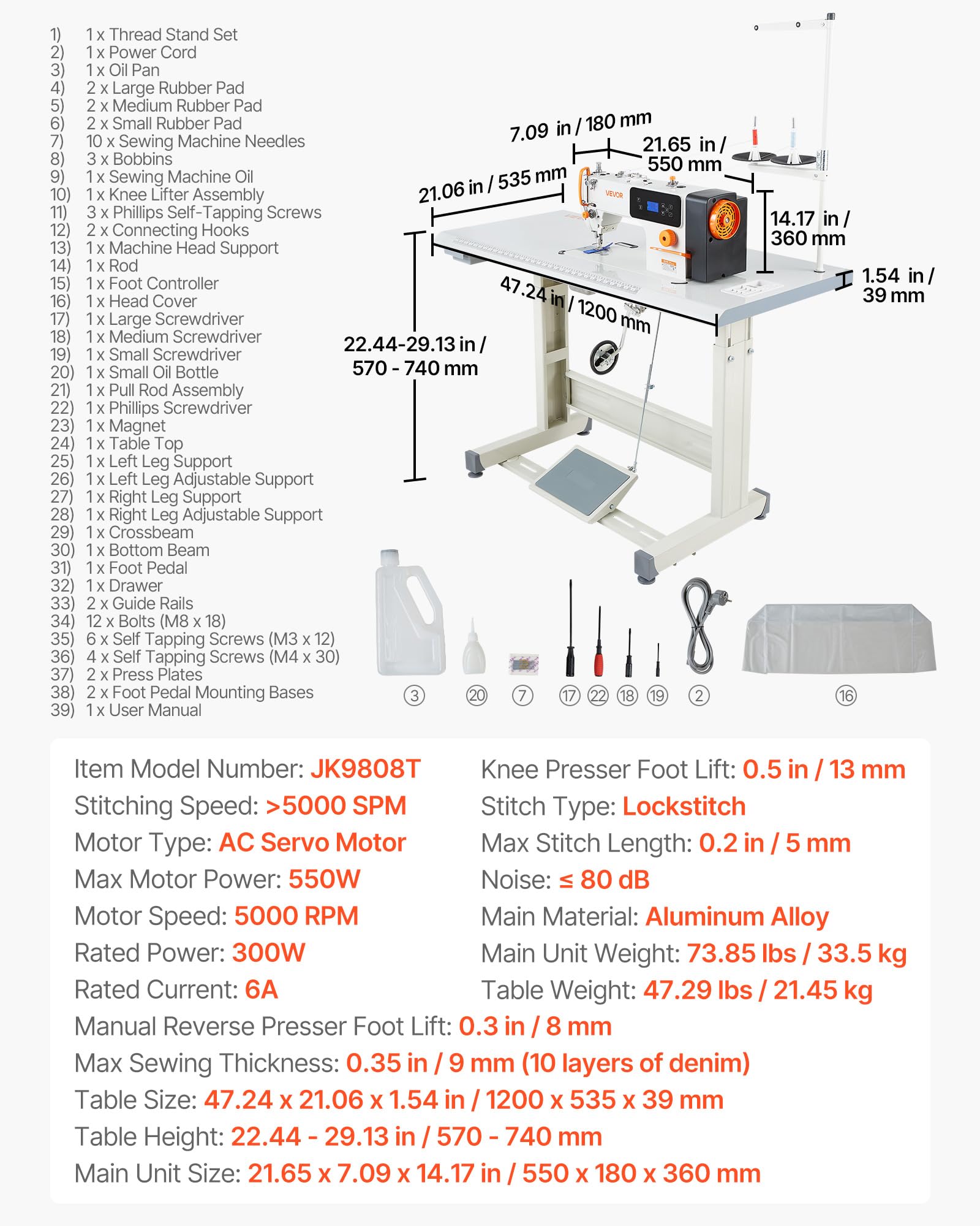 VEVOR Industrienähmaschine, 550-W-Nähmaschinen-Set mit Servomotor & Tischgestell, Automatischem Fadenabschneider, 5000 Stiche/Minute, LCD-Display, LED-Beleuchtung, für Baumwolle & Denim