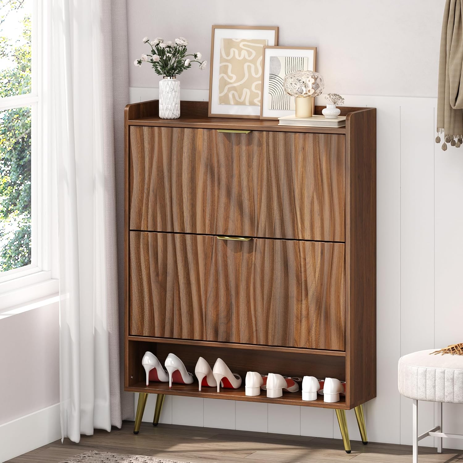 Walnut Fluted Shoe Storage Cabinet with 2 Flip Drawers, 31.5"(W) Freestanding Shoe Organizer with Water Ripple Doors, Narrow Shoe Rack Cabinet for Entryway