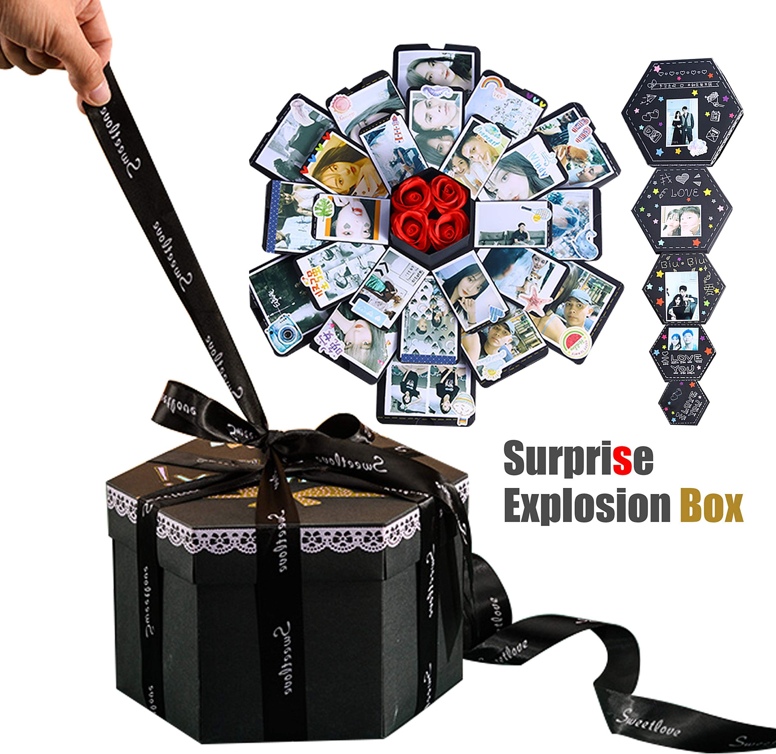 Explosion Box,Love Memory DIY Creative Photo Album Explosion Gift Box with 6 Faces as Birthday Gift and Surprise Box (Black)