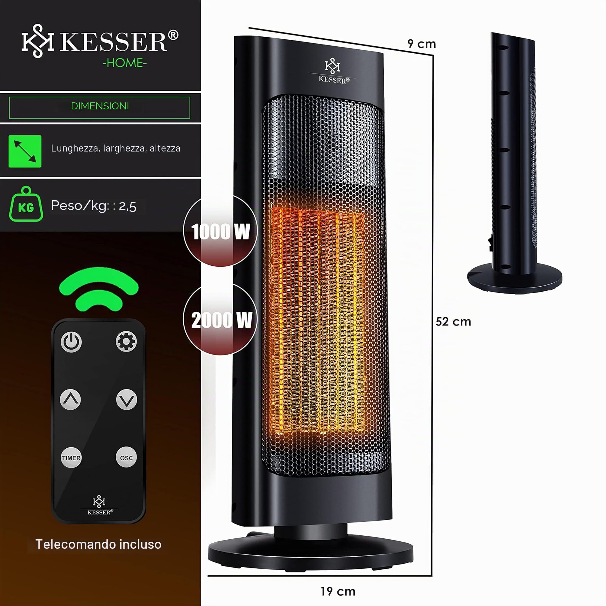 KESSER® Termoventilatore 2000 W ceramica, riscaldamento rapido 15-30 °C, oscillazione 80°, timer 24 ore