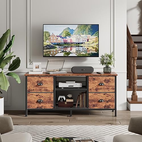 Miniatura 7 de Furologee Soporte de TV con 4 cajones, centro de entretenimiento de 43 pulgadas con estantes abiertos, mesa consola multimedia para TV de 50 Marrón