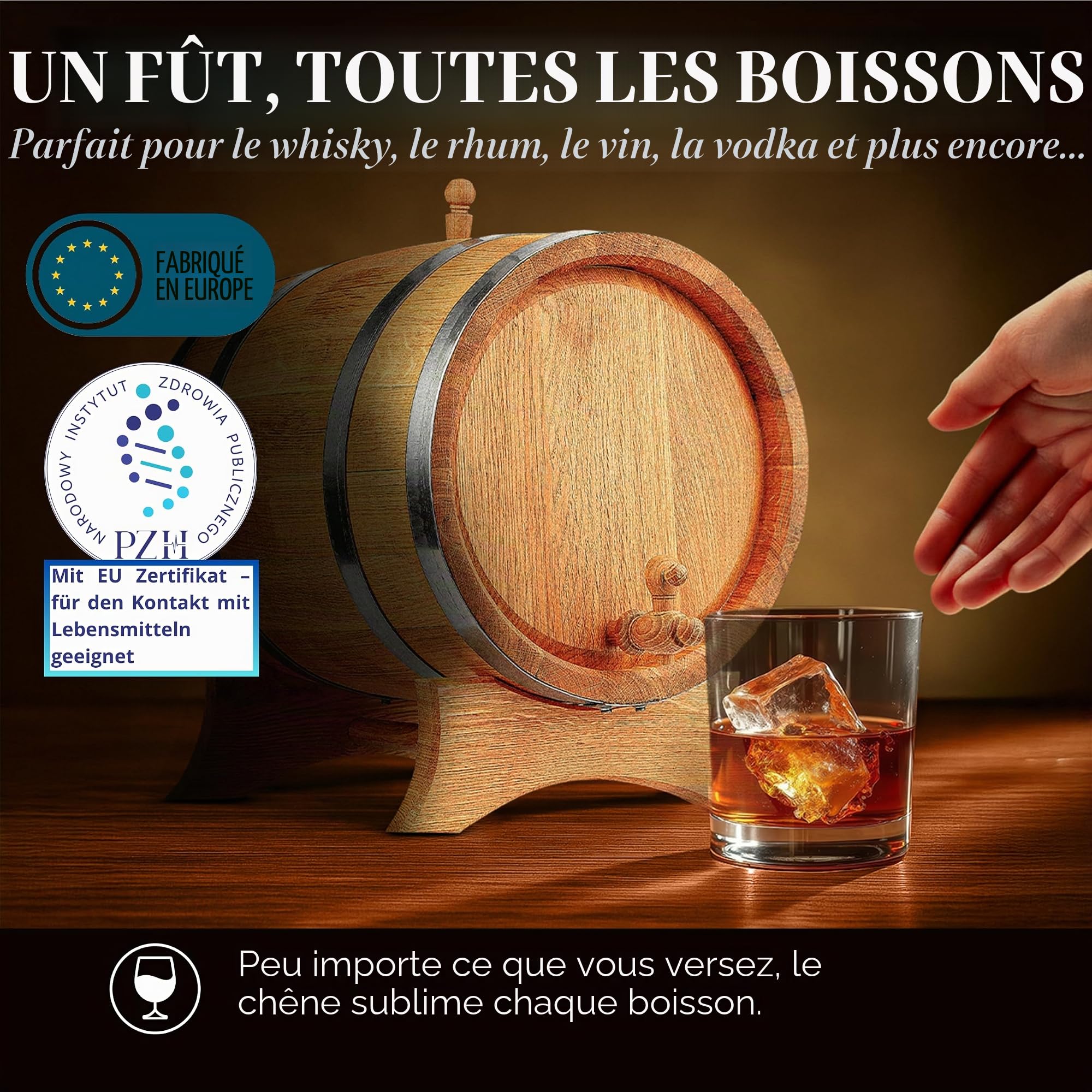 Tonneau en Bois de chêne brûlé 5L - Fabriqué à la Main, Idéal pour Vin, Whisky, Brandy et Plus - avec Support, Bouchon et Robinet, Fût en Bois Fût de chêne Fût de 5 litres