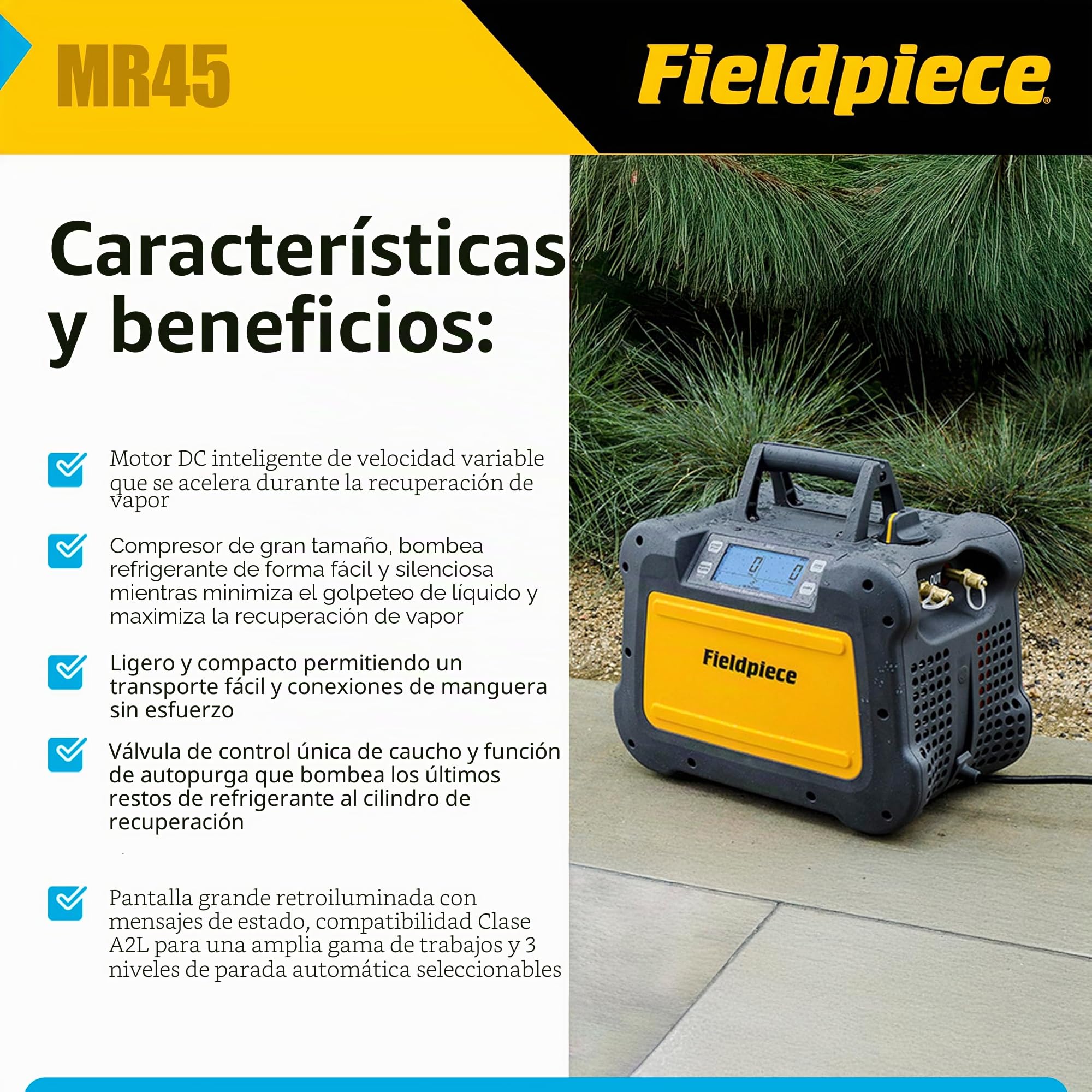 Fieldpiece - Máquina de recuperación de refrigerante digital ligera MR45 - Amplio voltaje de funcionamiento con puertos de fácil acceso - Compatible con A2L