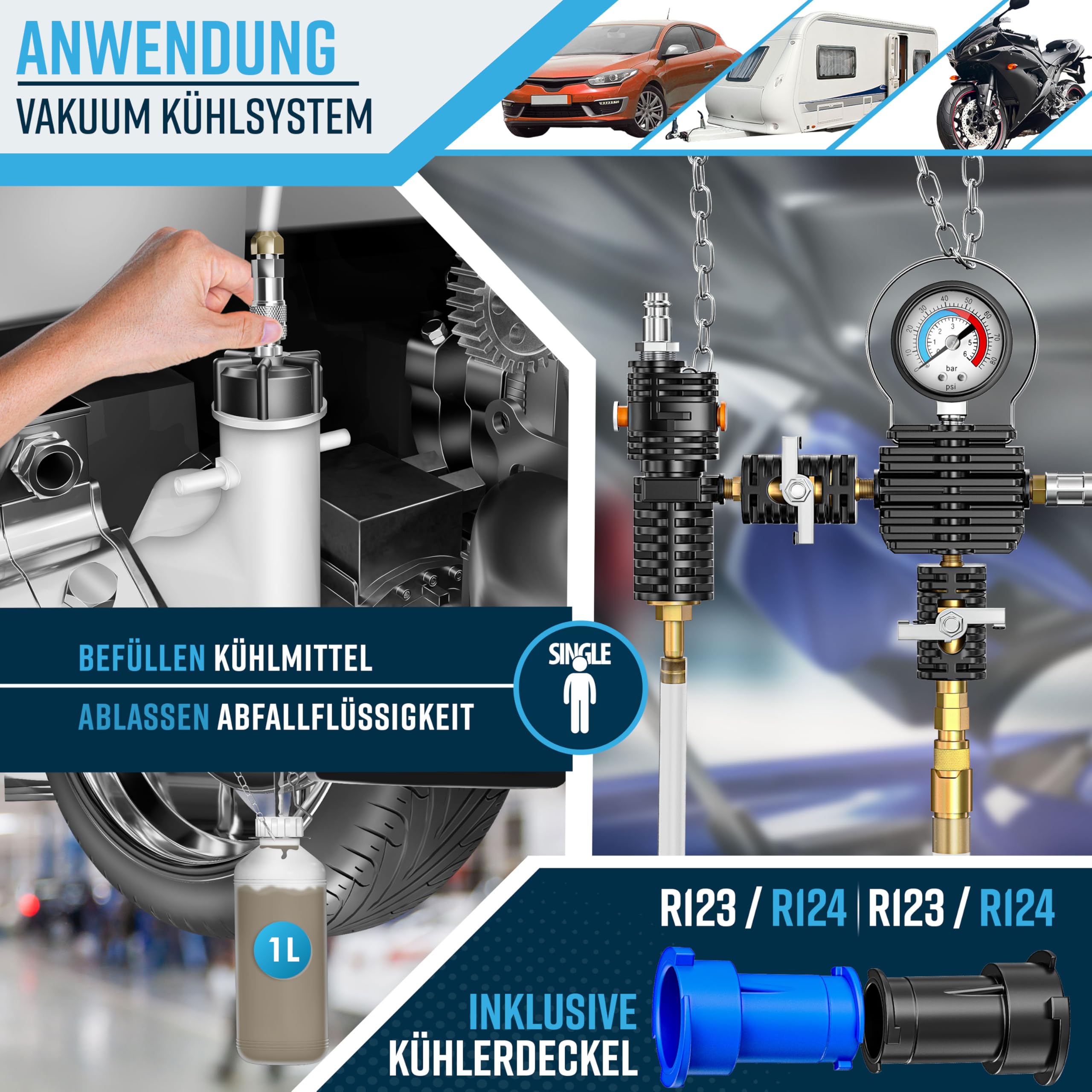 MASKO® Kühlsystem Tester & Abdrückgerät | Kühlerdruckprüfer Kühler Entlüftungsgerät 28-teilig inkl. universeller Kühleradapter, Vakuumpumpe & Zubehör | Kühlsystem-Nachfüll-Set für Auto, Van, SUV, LKW