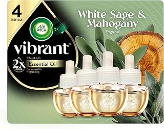 Air Wick Vibrant Plug In Scented Oil Refill, Infused with Essential Oils, Plug In Air Fresheners for Home, White Sage & Mahogany, 4 ct