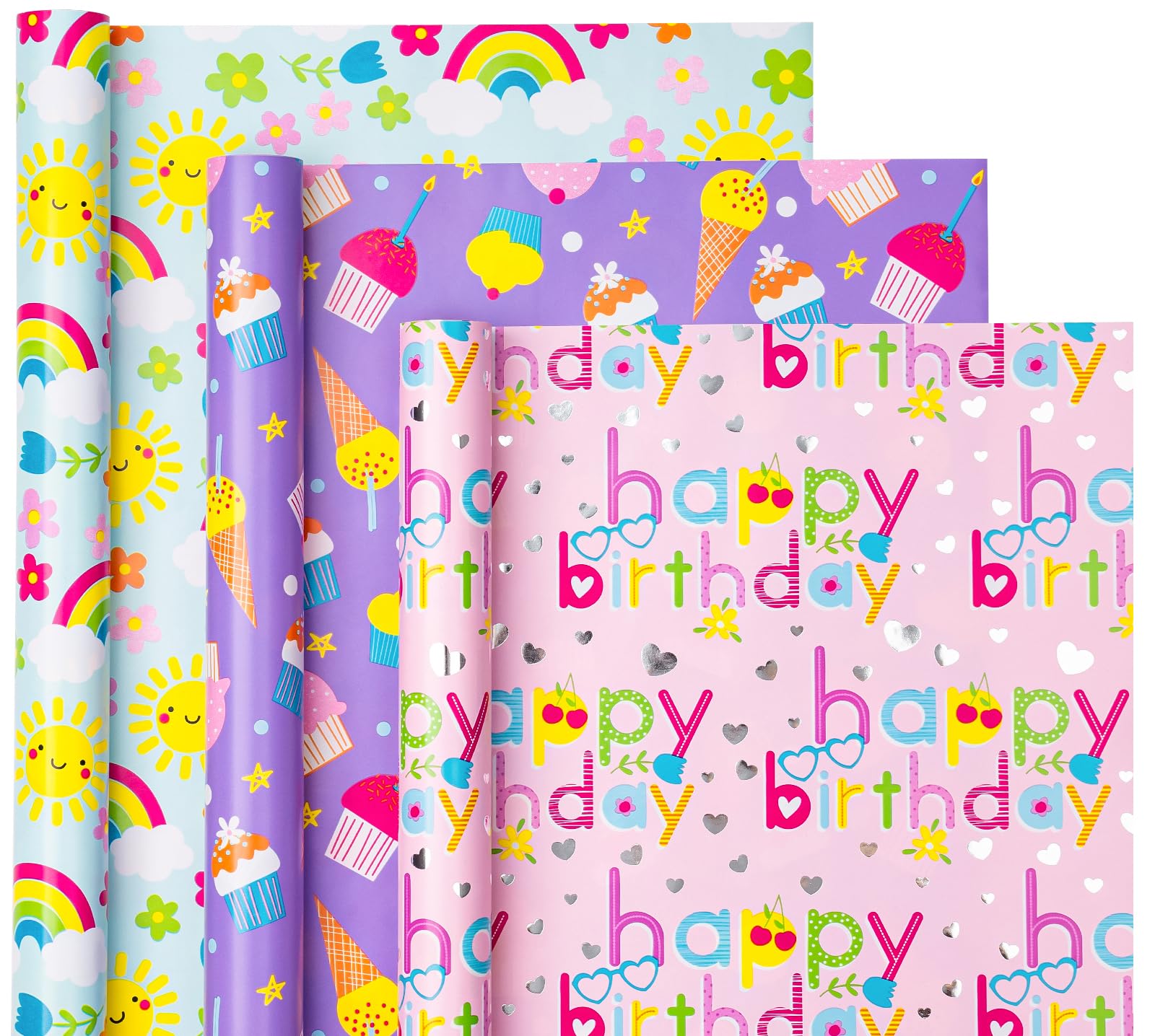 WRAPAHOLIC Lot de 3 rouleaux de papier cadeau d'anniversaire pour filles – 43,2 x 304,8 cm par rouleau – Papier cadeau d'anniversaire fantaisie rose et violet pour anniversaire de fille, fête