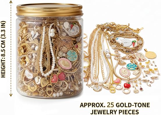 Mystery Jewelry Jar Mystery Jewelry Jar, 25-Piece Box Assorted Alloy Set with Earrings, Necklaces, Rings & Hair Clips, Gold