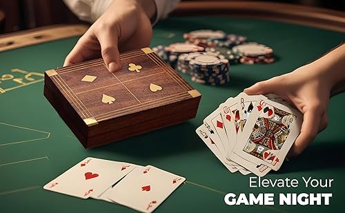 Miniatura 8 de Ajuny Caja decorativa hecha a mano de madera de doble cubierta para cartas, estuche organizador de latón con incrustaciones de latón con 2 paquetes