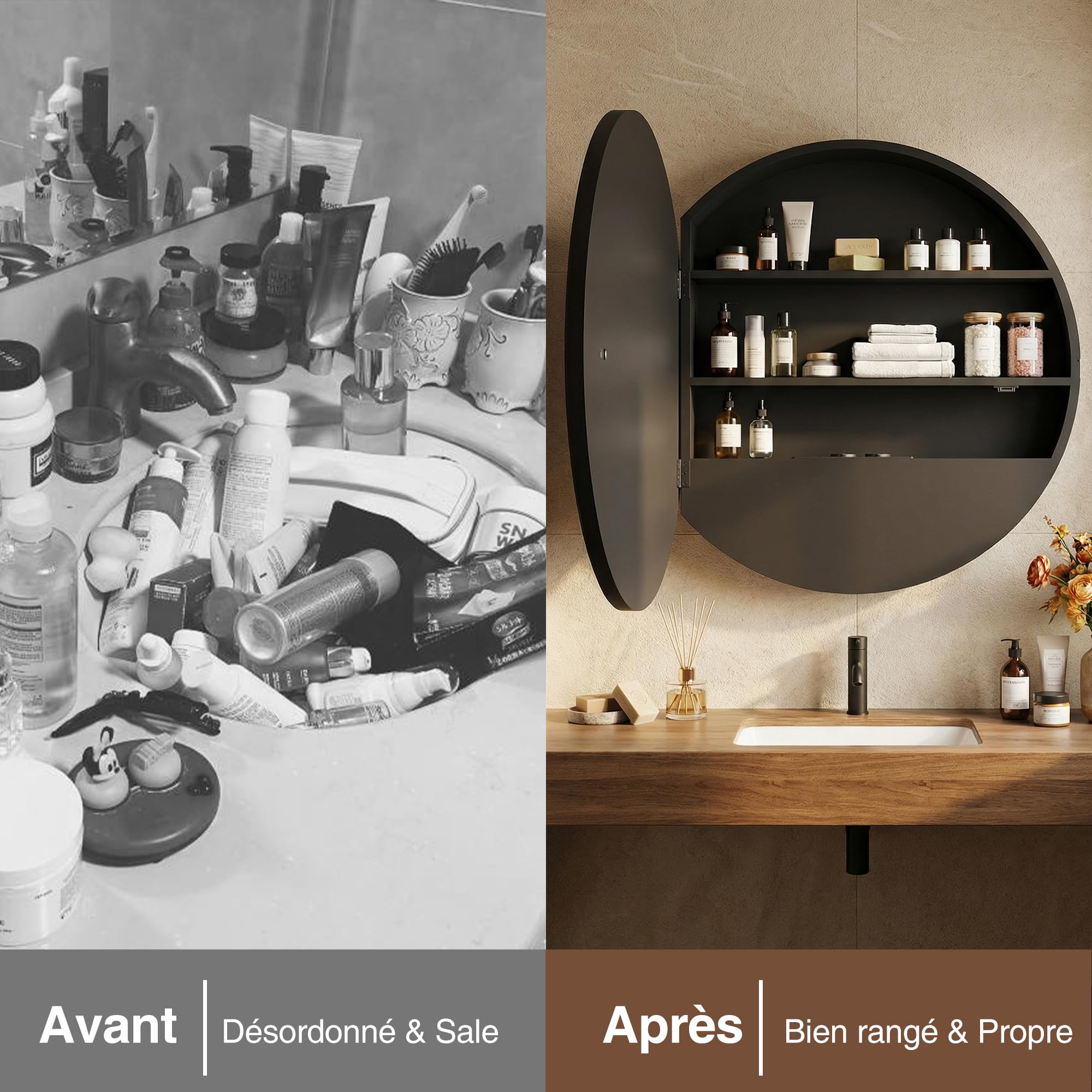 Armoire Miroir Salle de Bain avec Éclairage et Antibuée Murale Ronde Armoire de Toilette avec Miroir et Loupe grossissante 10x Noir 50x50 Meuble Salle de Bain avec Prise (Aucun Assemblage requis)