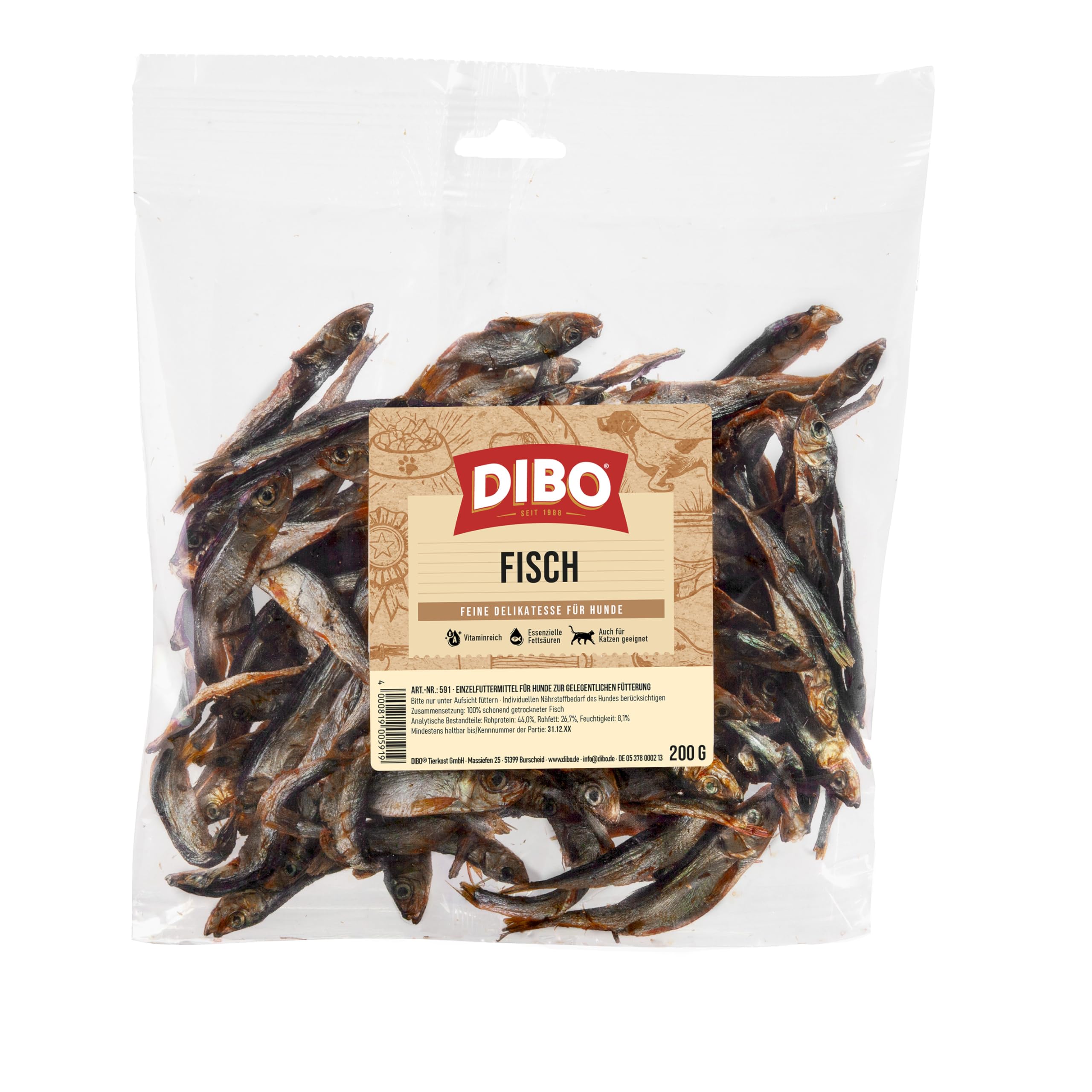 DIBO Pesce, sacchetto da 200 g, piccolo snack o dolcetti per il cibo per cani di DIBO
