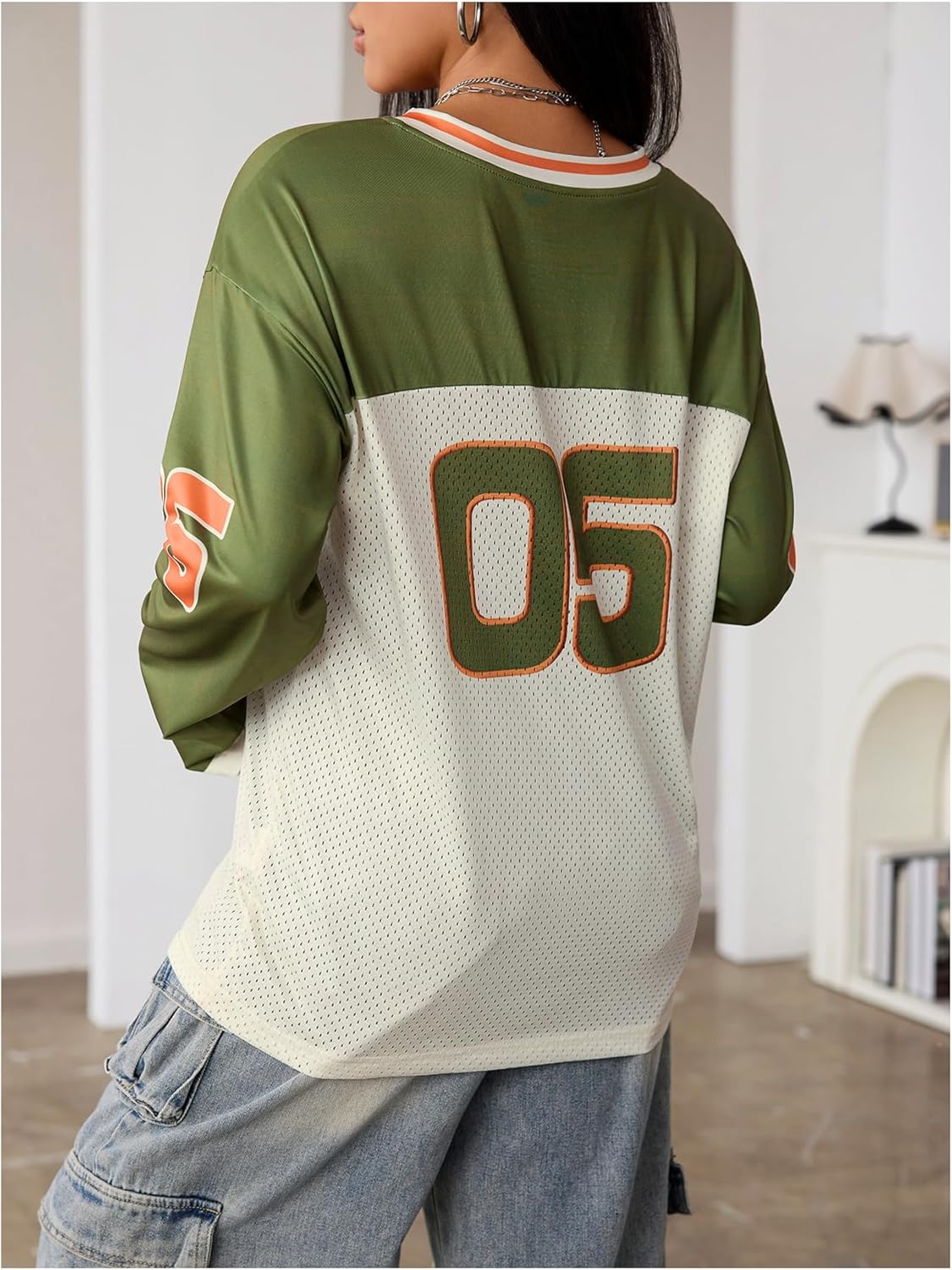 Women's Number Graphic Tees Mesh Jersey Shirts V Neck Long Sleeve T Shirts - Image 2
