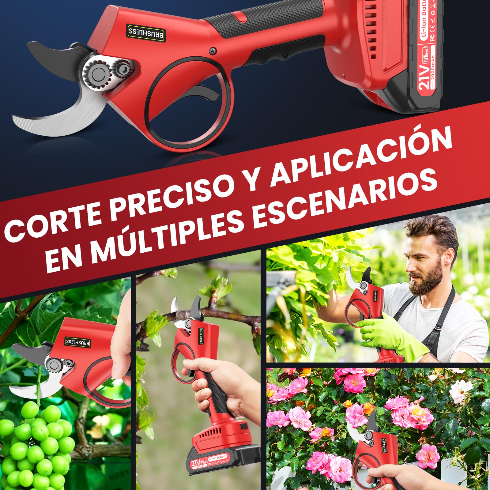 Tijeras de Podar Eléctricas, 40mm Tijeras de Podar Bateria Hoja SK7, Potentes 800W Motor Sin Escobillas, 2 Baterías 2000mAh 21V, 6-8H de Autonomía, Ligera y Mano Única, para Árboles Frutales,Viñas