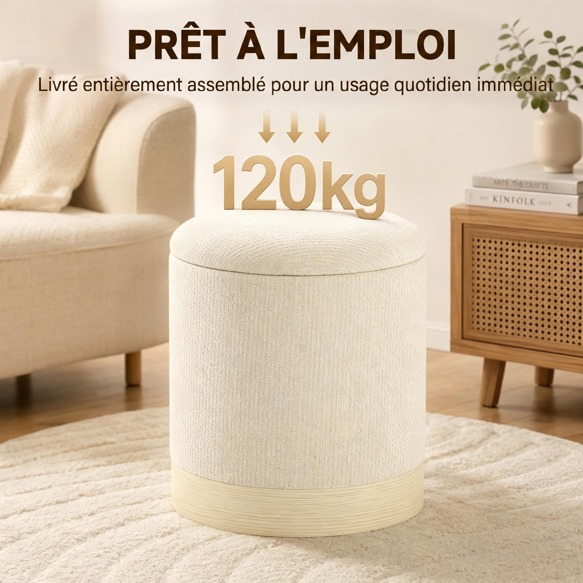 HOMCOM Pouf rotondo portaoggetti in ciniglia, Ø38x45 cm, beige | Pouf poggiapiedi, base in metallo effetto legno, per camera da letto, ingresso, soggiorno, portata 120 kg.