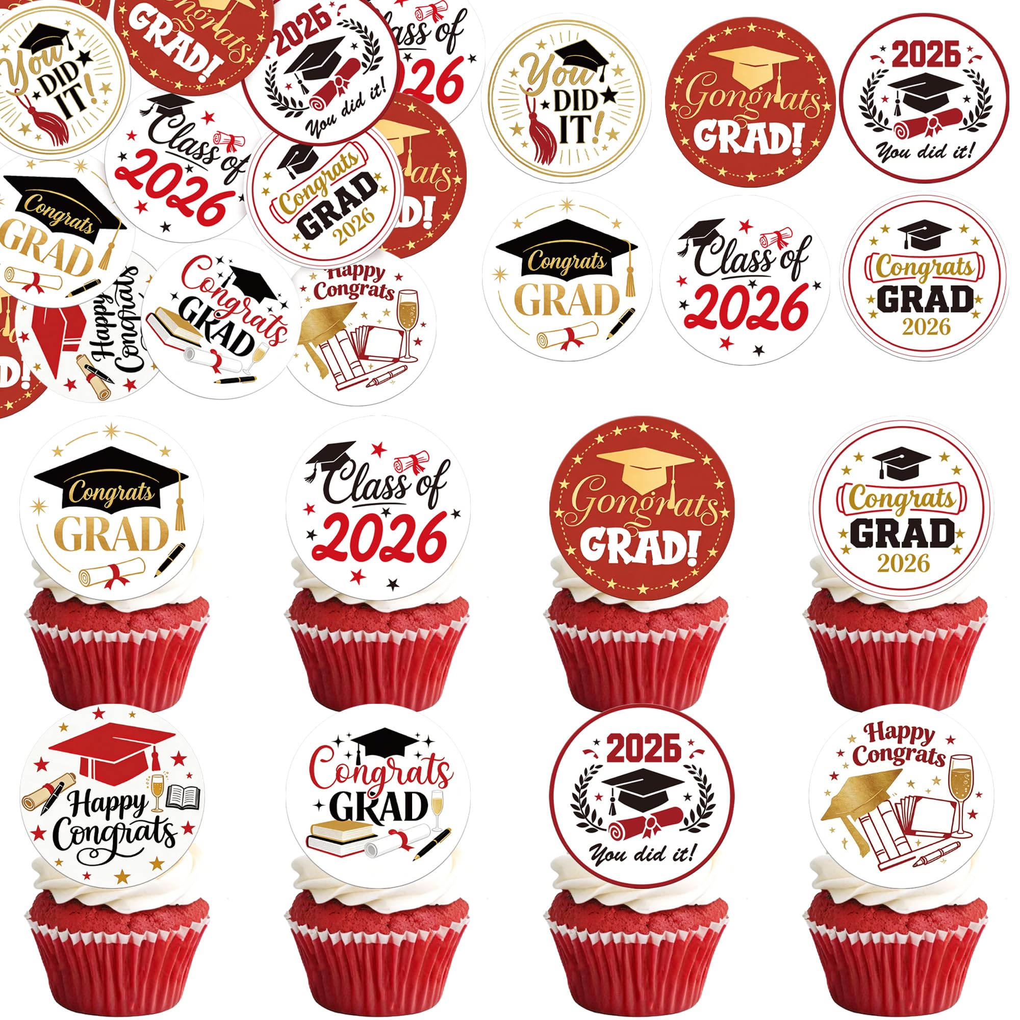 Xsstarmi 63 Pack 2026 Graduation Edible Cupcake Toppers Rice Paper Diploma Done Class of 2026 Cupcake Picks for High School College Graduation Party Cake Decorations Supplies Red Gold