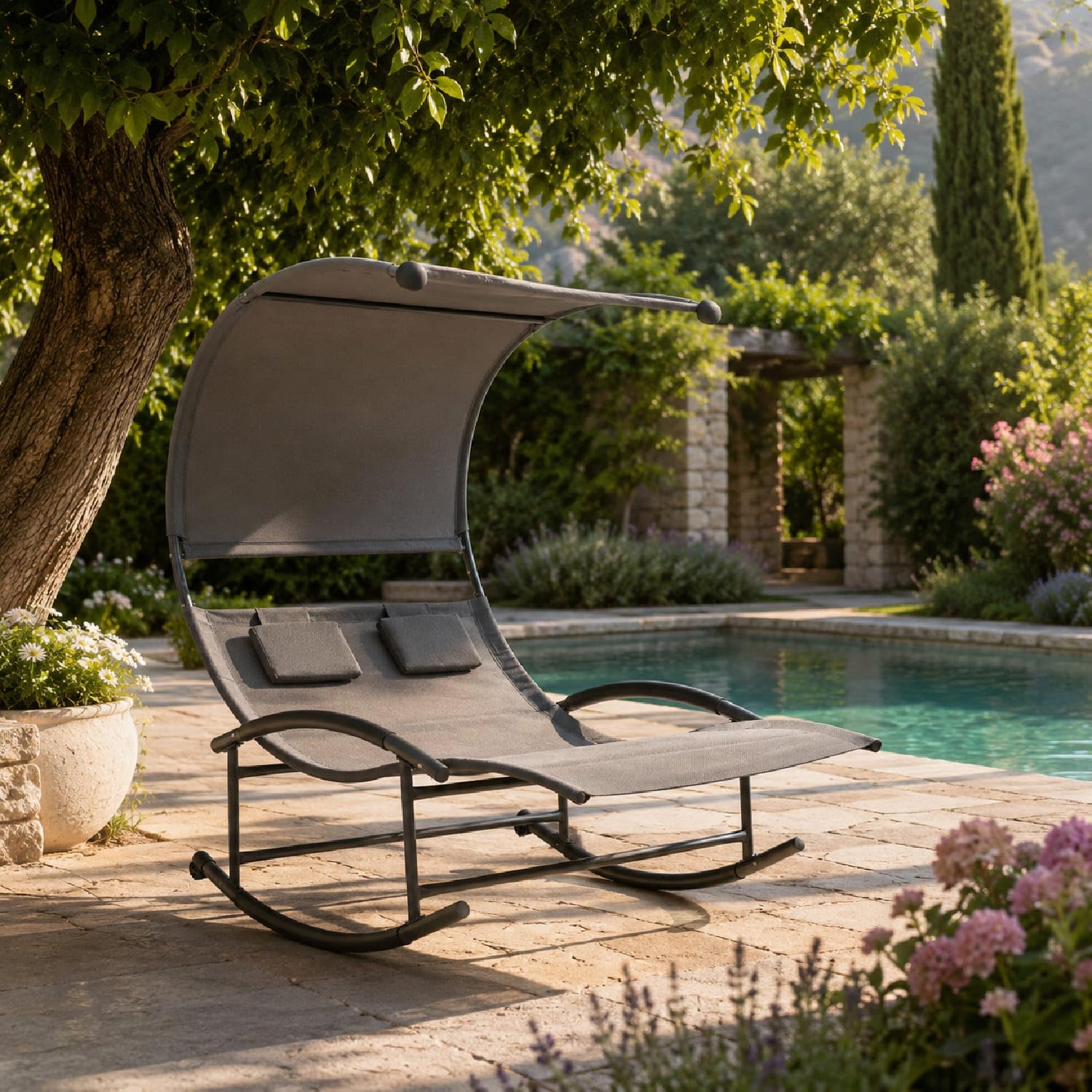 Lettino 2 Posti Dondolo Prendisole Con Parasole Integrato Design Ergonomico In Textilene Traspirante Struttura In Acciaio E Cuscini Ideale Per Giardino Piscina Outdoor 140x200x185 Cm Grigio