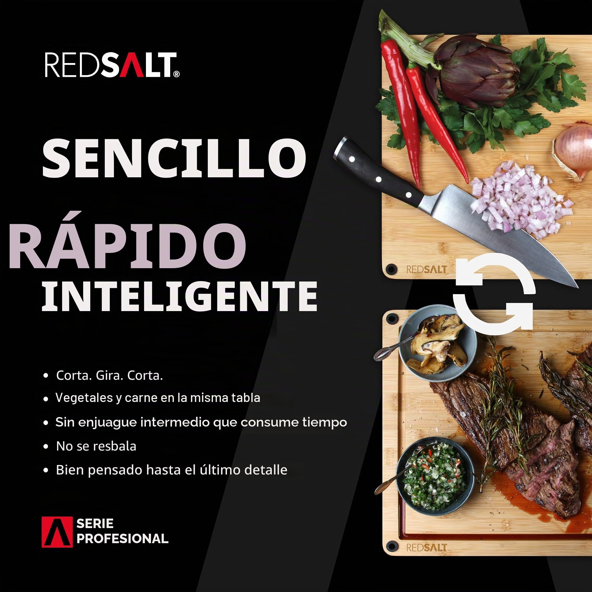 REDSALT® Innovadora tabla de cortar de madera de bambú, grande XL, 50x36x2,5cm, reversible, antideslizante, antibacteriana, surco profundo, tabla prémium para cocina, barbacoa, regalo sostenible
