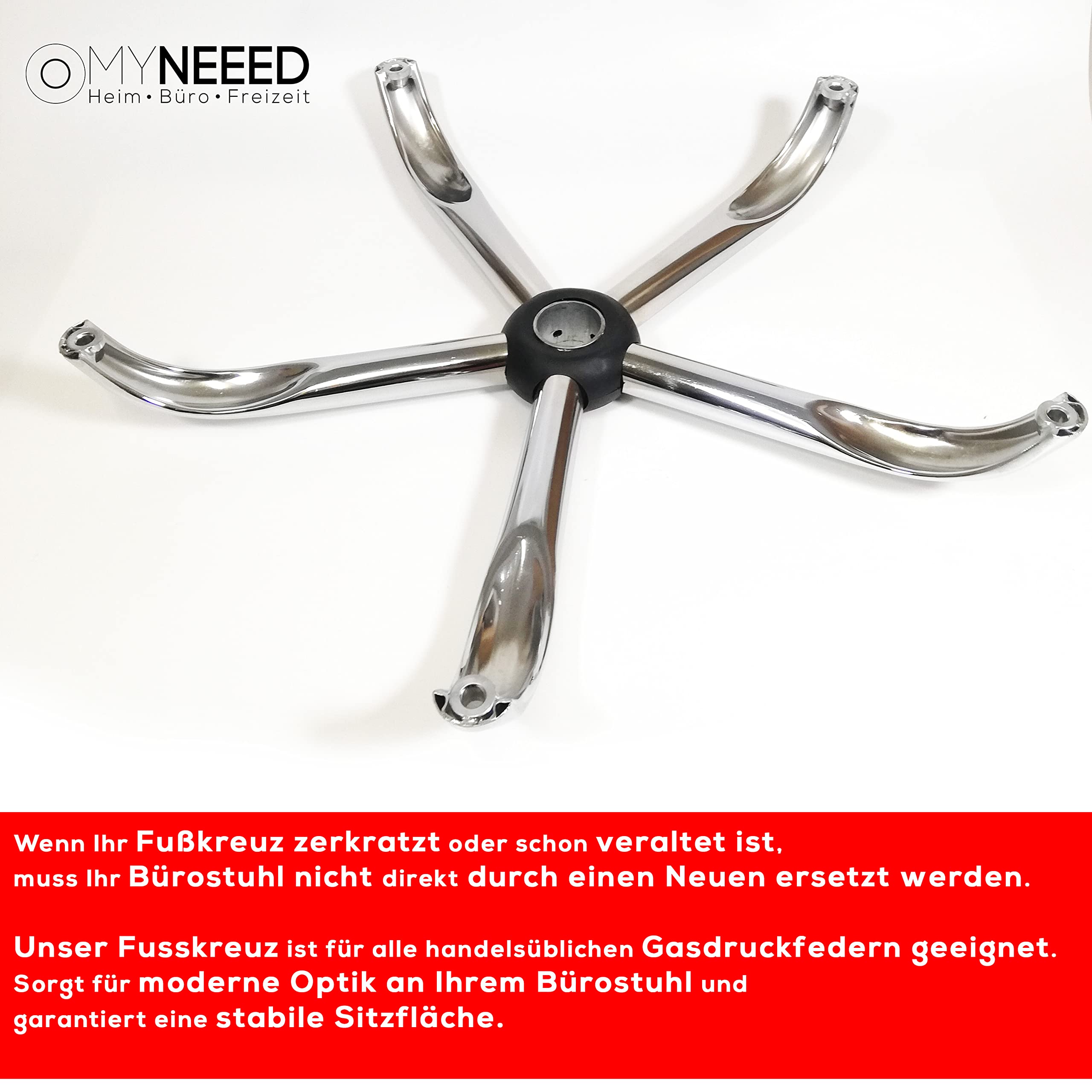 Bürostuhl Fußkreuz aus Stahl in Chrom, Hohe Belastbarkeit, Drehkreuz fuß für Bürostuhl, Geeignet für 11mm x 22mm Rollen und 50mm Gasfeder, Gaming Stuhl Ersatzteil