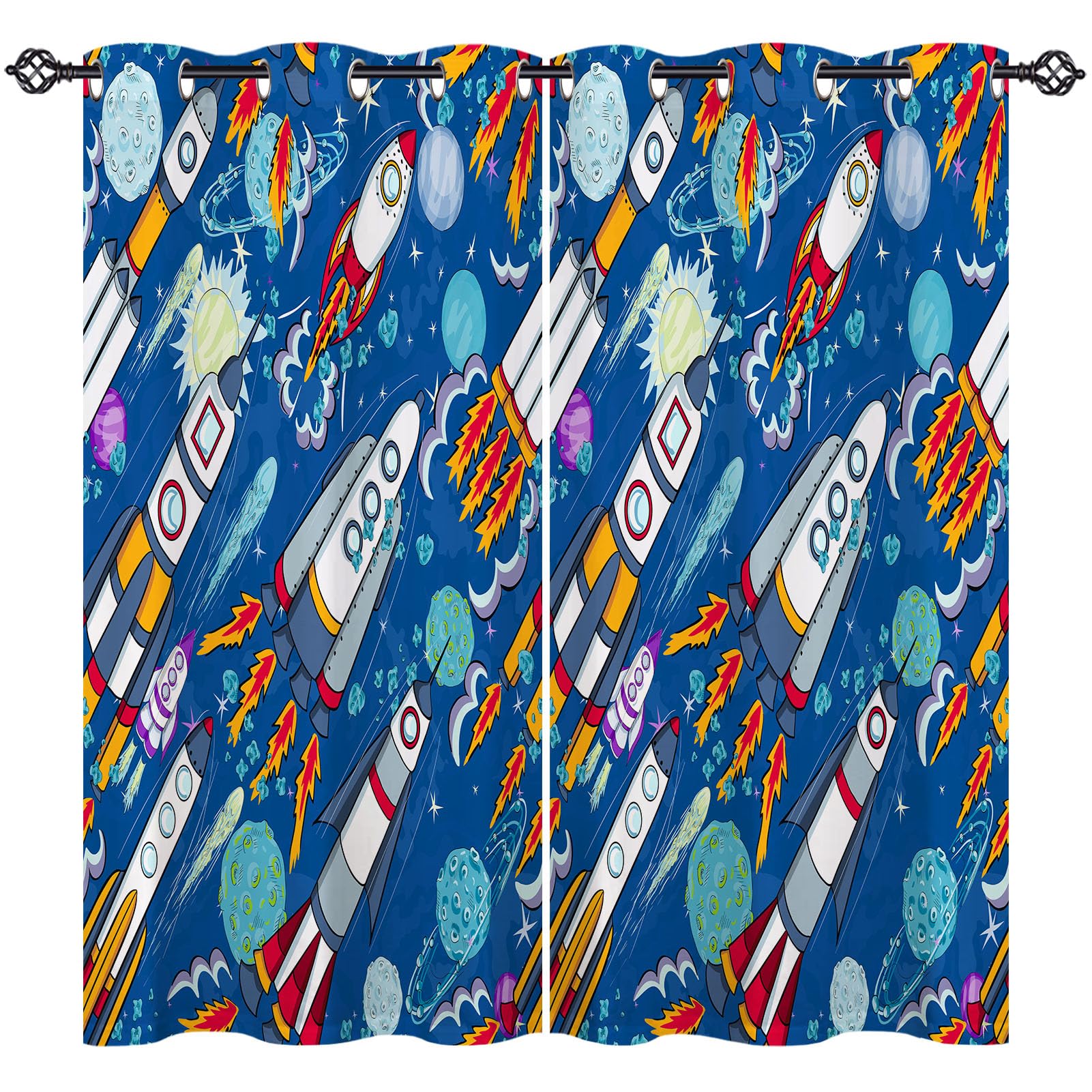 ANHOPE Rocket Curtains Eyelet Blackout Thermal Insulated Curtains Cartoon Space Planet Stars Print Pattern Soft Soundproof Privacy Window Drapes for Kids Bedroom Living Room 46 x 54 Inch 2 Panels โ image 1