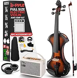 Pyle Violino elétrico silencioso 4/4 com kit de amplificador - violino de madeira maciça com amplificador de 10 W e acessórios completos, instrumento de corda orquestral de tamanho completo para uso
