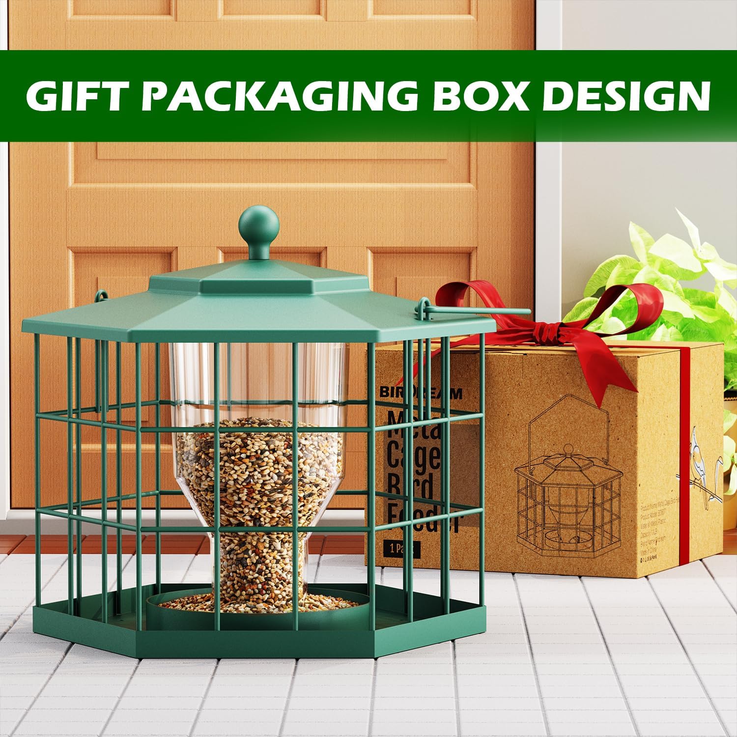 Birdream Squirrel Proof Bird Feeders for Outdoor Hanging, Metal Cage Bird Feeder with Rain Proof Covered for Wildbirds Bluebird Finches, Green