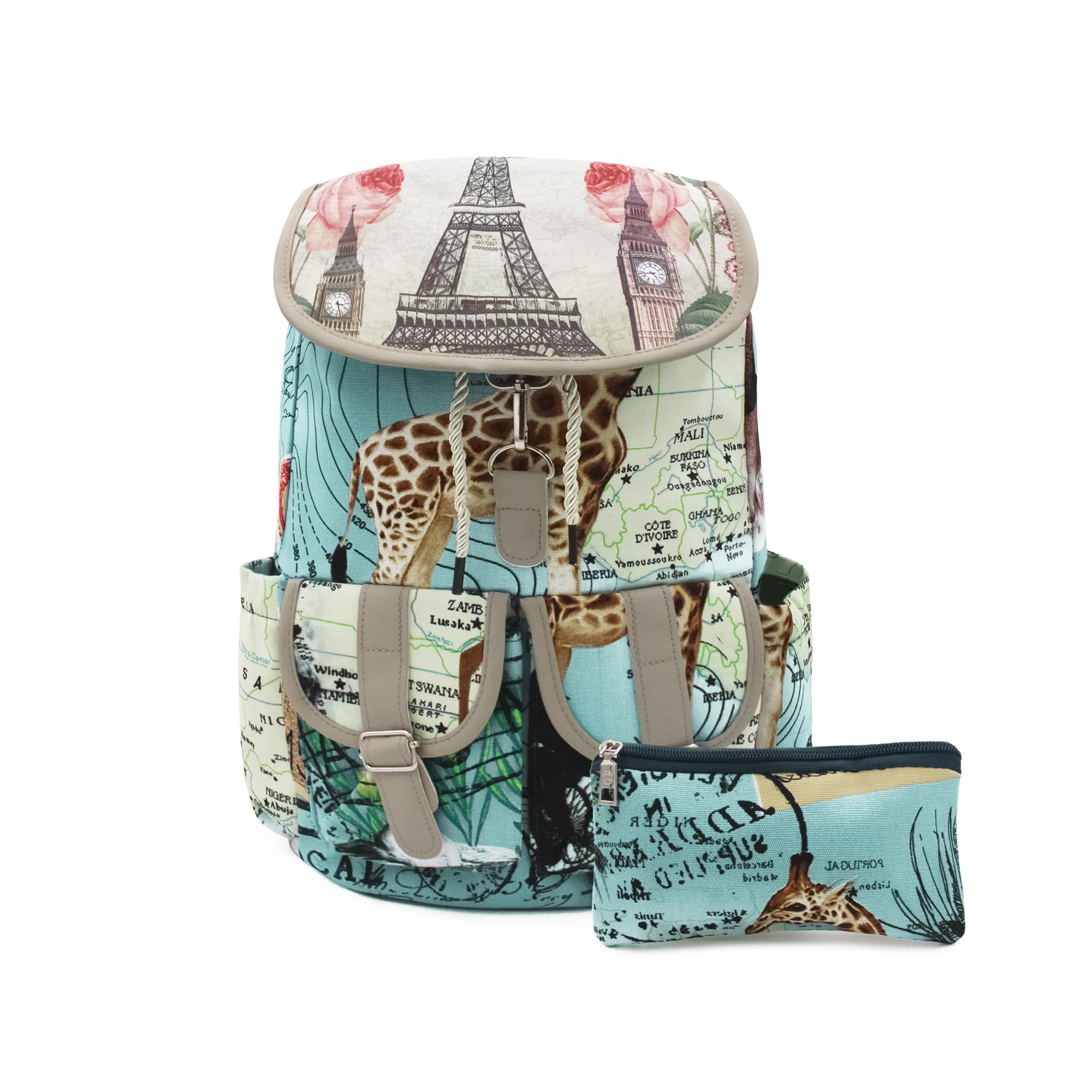 VRITRAZ Zoo Printed Casual Shoulder PU Collage Backpack for Women and Girl's School Bag with Pouch Grey