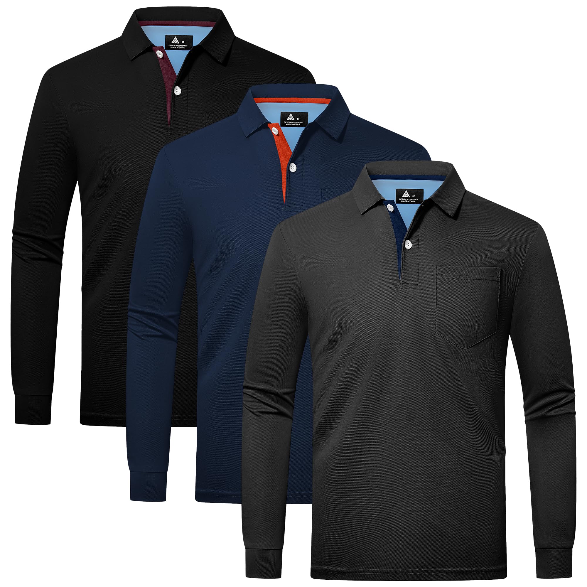 SwissWell Polo Uomo Manica Lunga Pacco da 3 Polo Golf Lavoro Traspirante Maglietta Primavera Autunno per la Pesca Escursionismo