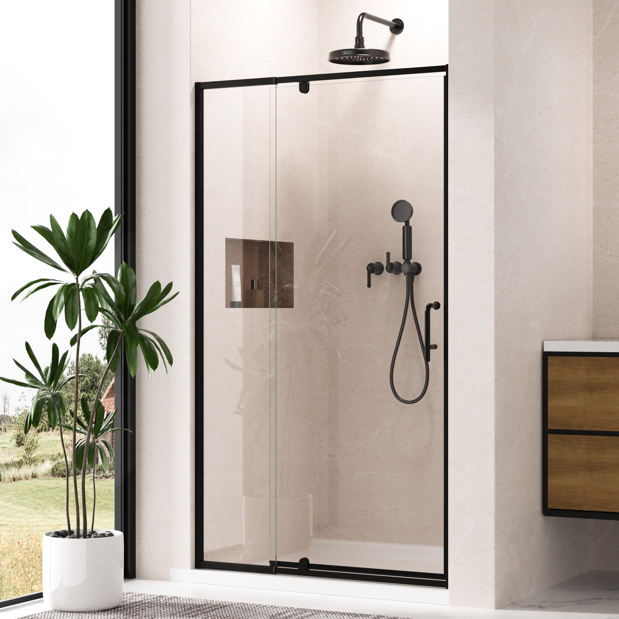 Photo 1 of Keonjinn 38-42" W x 72" H Semi-Frameless Pivot Shower Door, Matte Black