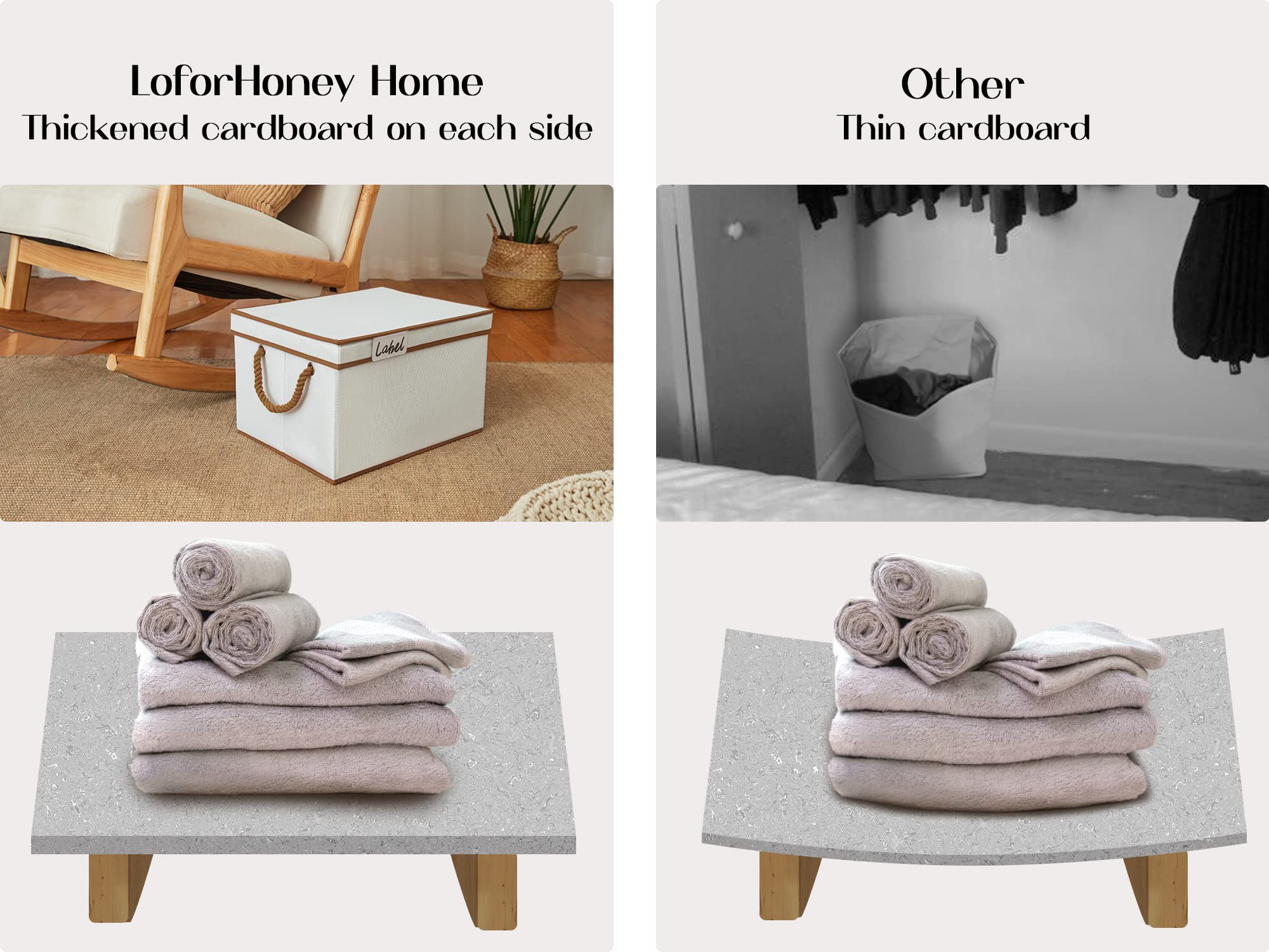 LoforHoney Home Fabric Storage Bins with Lids for Organizing, Foldable Storage Boxes with Lids for Shelves, Clothes Baskets with Cotton Rope Handles, Closet Storage Bins, XLarge, Beige, 4-Pack