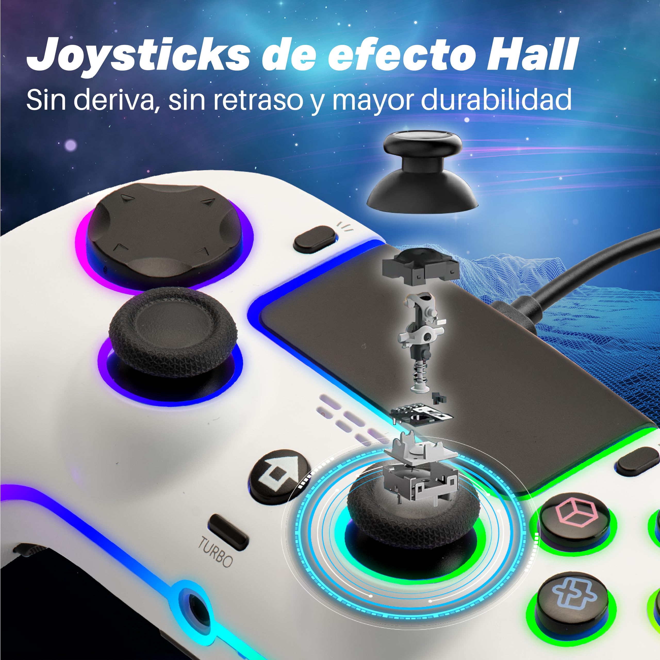 NITHO NOVA Mando con Cable Compatible con PS5/PC/MAC/Android/Steam Deck, Gamepad con Efecto Hall, Paletas Programables, Turbo, Giroscopio de 6 Ejes, Vibración Dual, Iluminación RGB & Jack de Audio