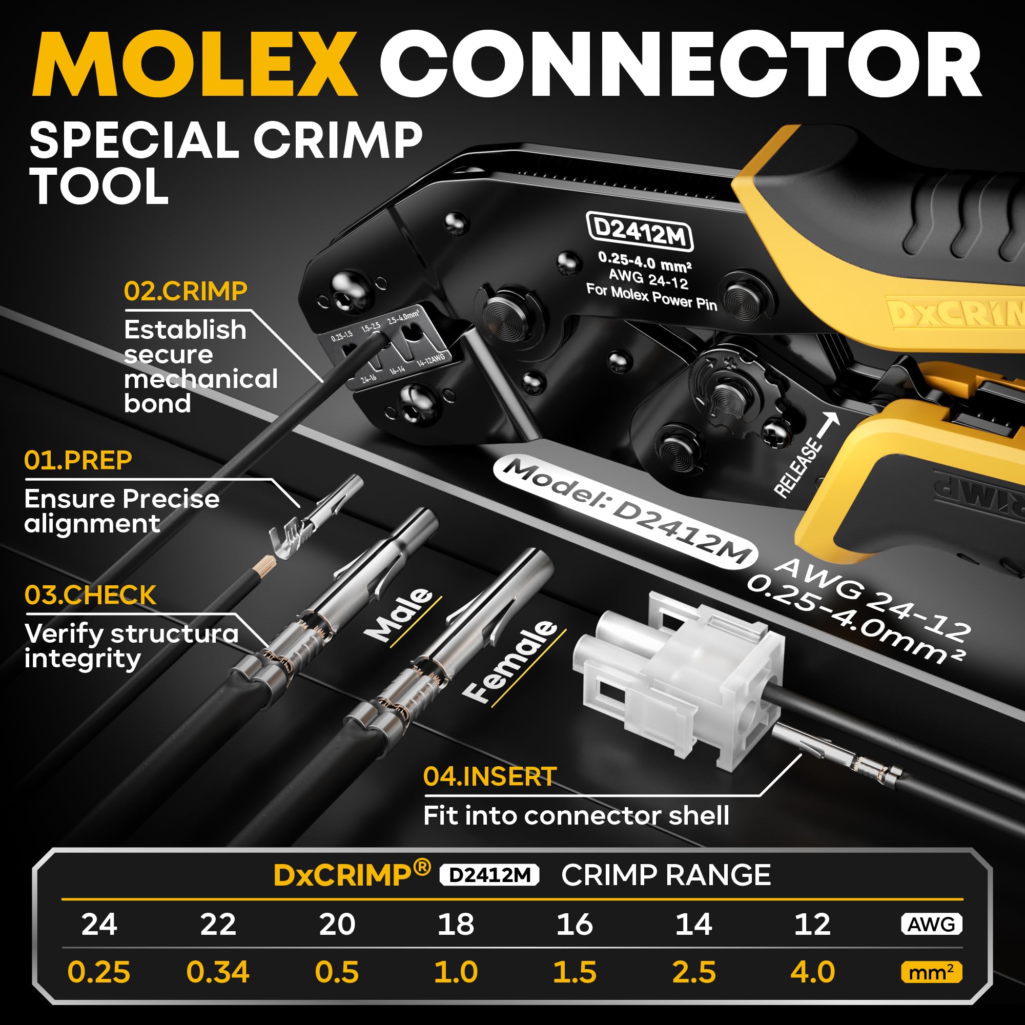 DxCRIMP Set di pinze crimpatrici con connettore a 2 – 12 poli MLX .084" (6,35 mm) – compatibile con Molex MLX & TE Universal MATE-N-LOK – con strumento di filatura e pinza crimpatrice a cricchetto