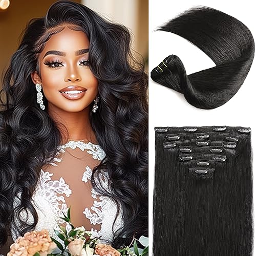 16A Premium Clip in Hair Extensions Real Human Hair, 18inch 120g 7pcs (Service life1.5~2 years)Remy Seamless Invisible Double Weft Human Hair, #1 Natural Black Multiple Washes Keep Texture Soft