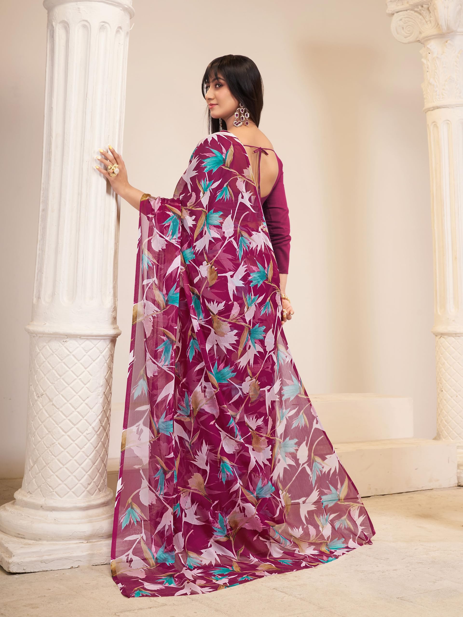 Garden Vareli Women's Floral Print Nara Chiffon Saree Wine 2