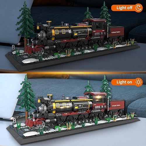 Miniatura 2 de WVINVW Bloque de construcción clásico de locomotora de vapor, juego de tren con luces, pista de tren, base y 3 árboles, regalos para amantes del