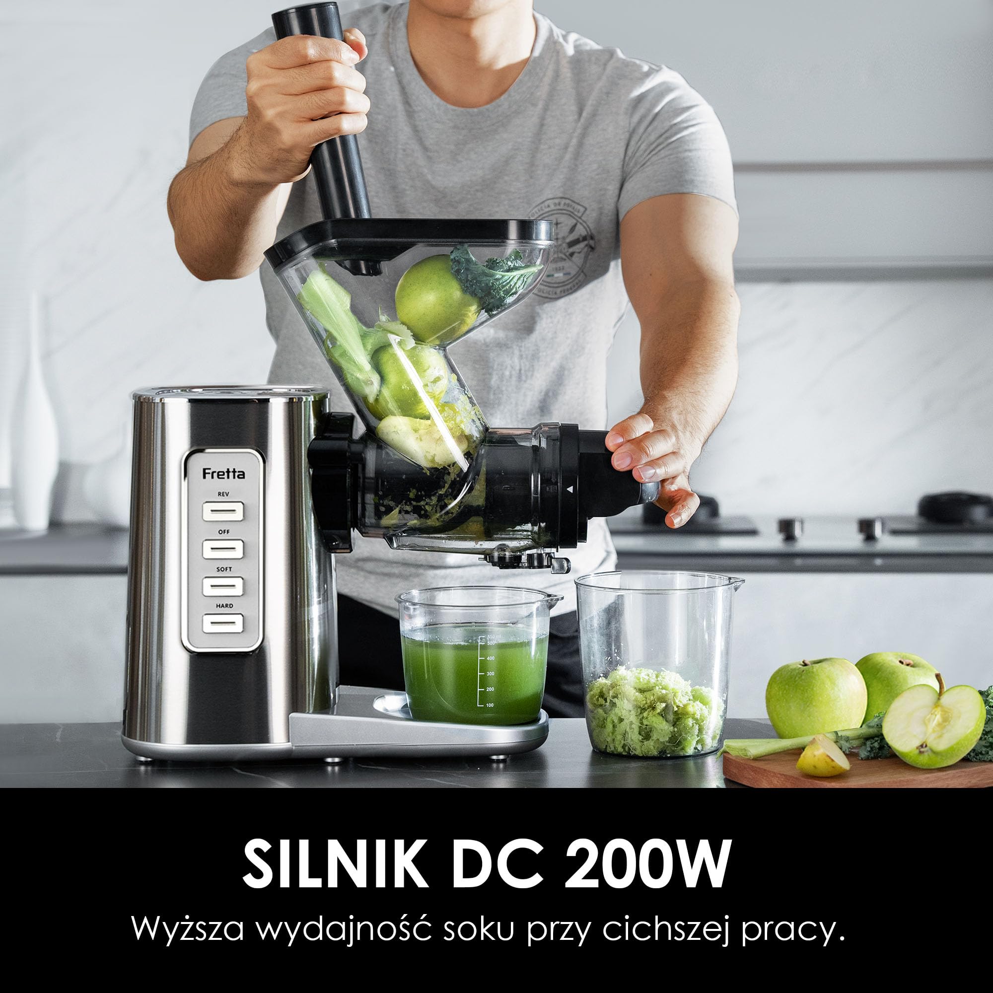 Fretta Wyciskarka Wolnoobrotowa Cold Press - Stal Nierdzewna, Bez BPA, Szeroki Otwór 76mm (brak krojenia), Łatwe Czyszczenie, Moc 200W, Wysoki Wydajność Soku - Do Owoców, Warzyw, Trawy Pszenicznej