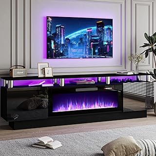 70" Modern Fireplace TV Stand with 36" Electric Fireplace for TVs Up to 80 inch, Luxury LED Light Entertainment Center with High Gloss Cabinet, TV Consoles for Living Room, Black