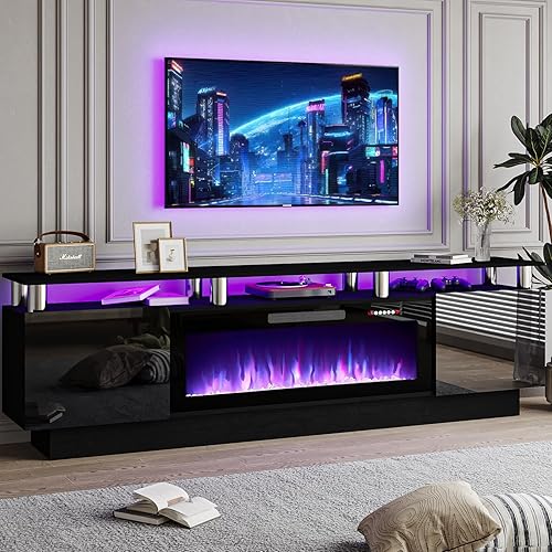 70" Modern Fireplace TV Stand with 36" Electric Fireplace for TVs Up to 80 inch, Luxury LED Light Entertainment Center with High Gloss Cabinet, TV Consoles for Living Room, Black