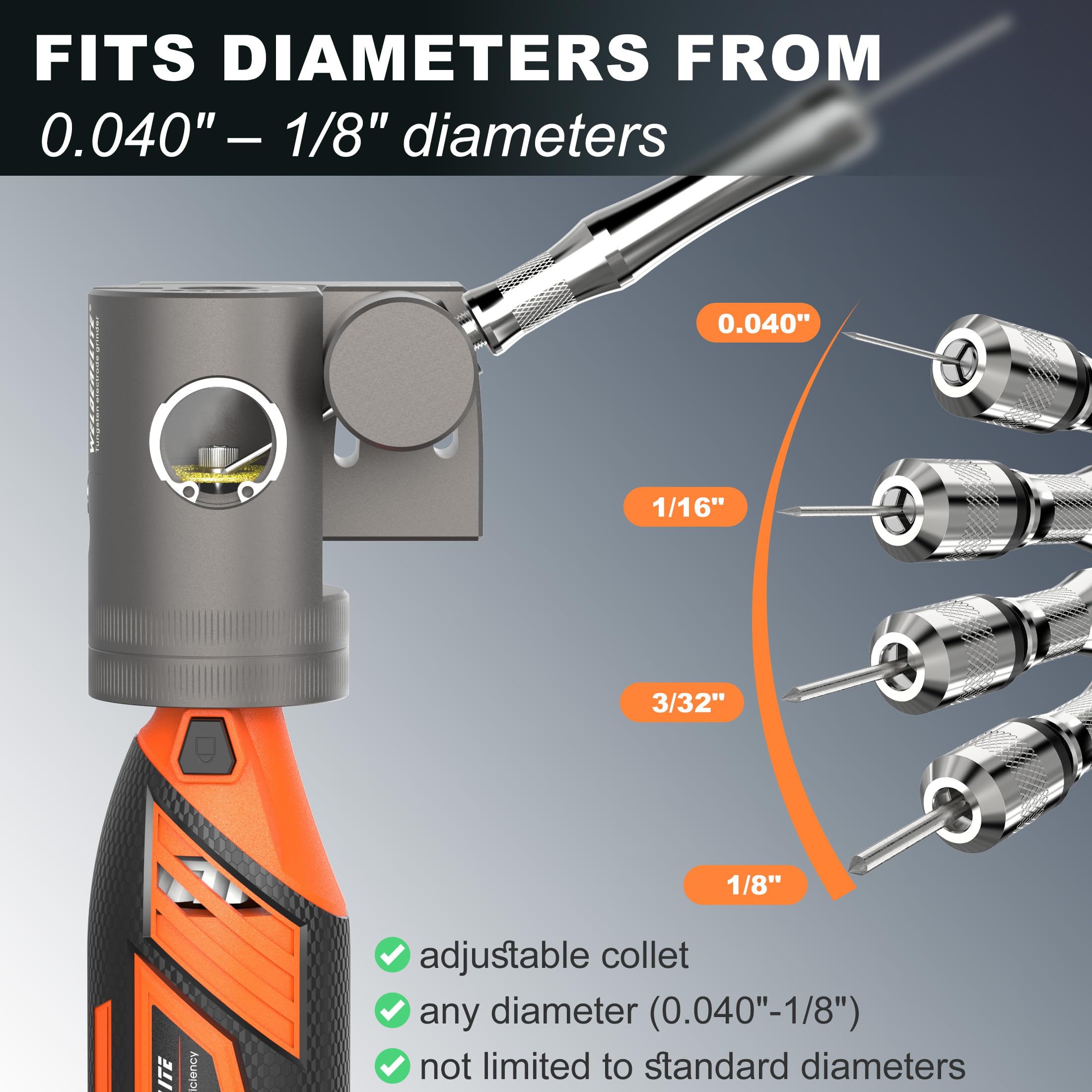 Afilador de electrodos de tungsteno, ajuste de ángulo continuo de 10°-60°, se adapta a electrodos TIG de 0.04 a 1/8 pulgadas de diámetro (gris)