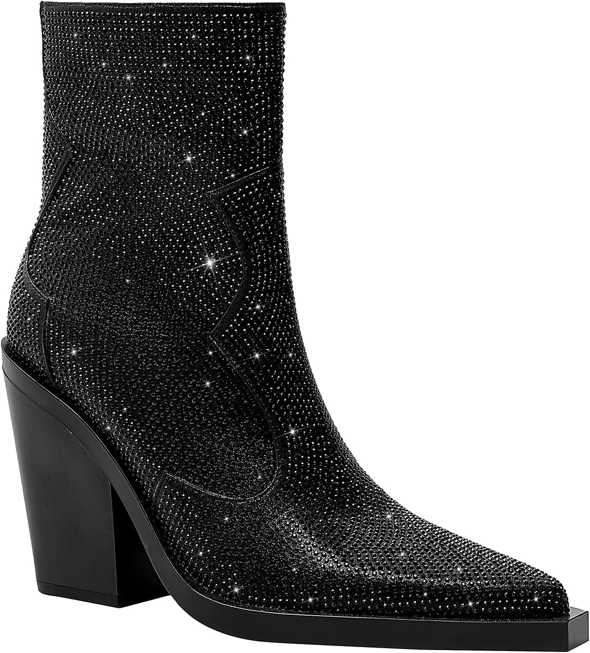 SHODENSE SHODNSE Women Rhinestone Ankle Boots Cowgirl Pointed Toe Chunky Heel Glitter Ankle Booties Zipper 3 Inch High Block Heel Cowboy Booties Ladies Western Closed Toe Party Sexy Evening 4-11 M US