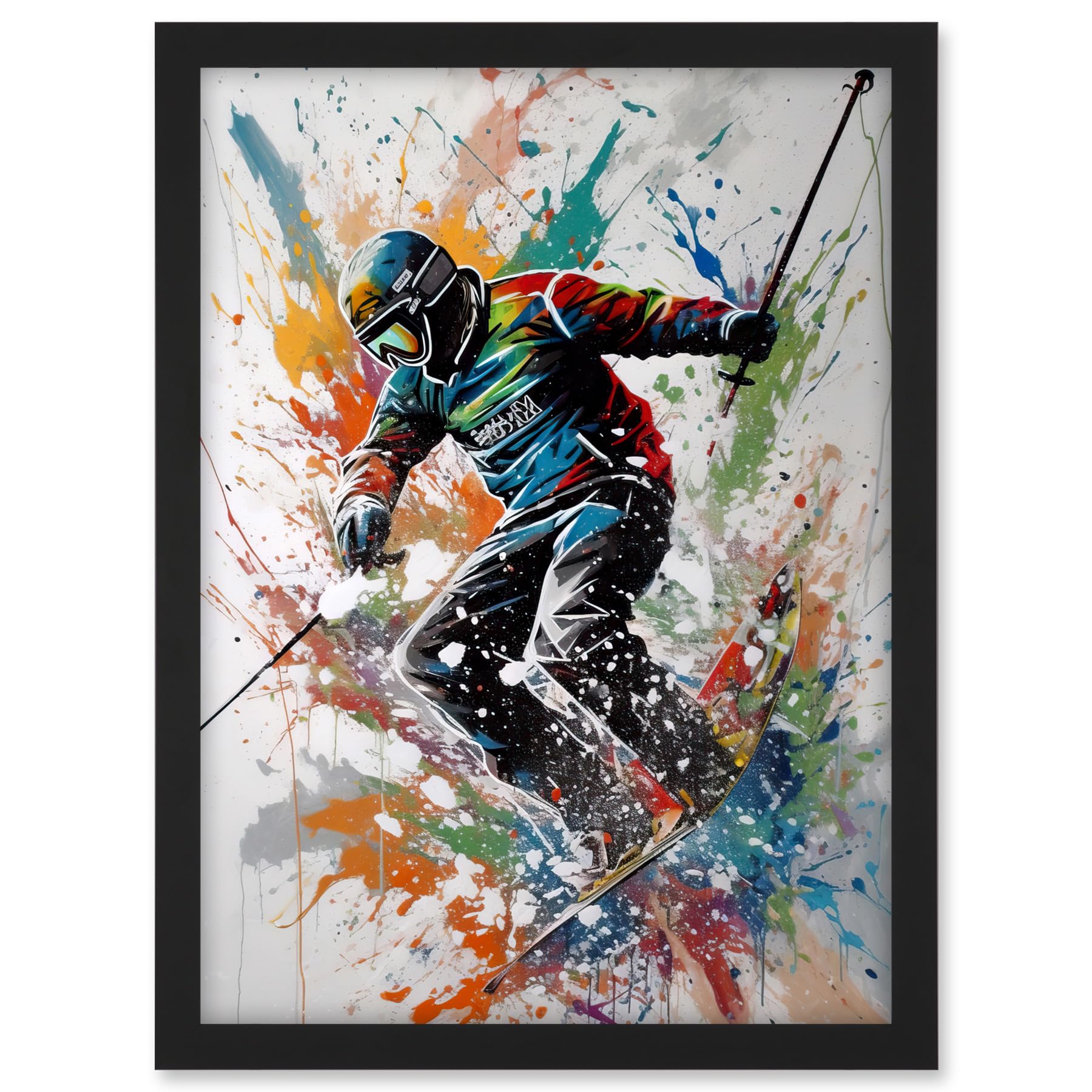 Artery8 Skier Skiing Multicoloured Paint Splat Action Shot Artwork Framed A3 Wall Art Print