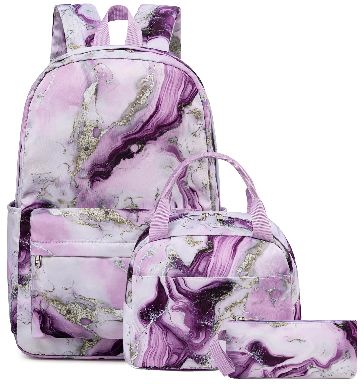 Bluboon Teen Girls School Backpack Kids Bookbag Set with Lunch Box Pencil Case Travel Laptop Backpack Casual Daypacks (Purple Marble)