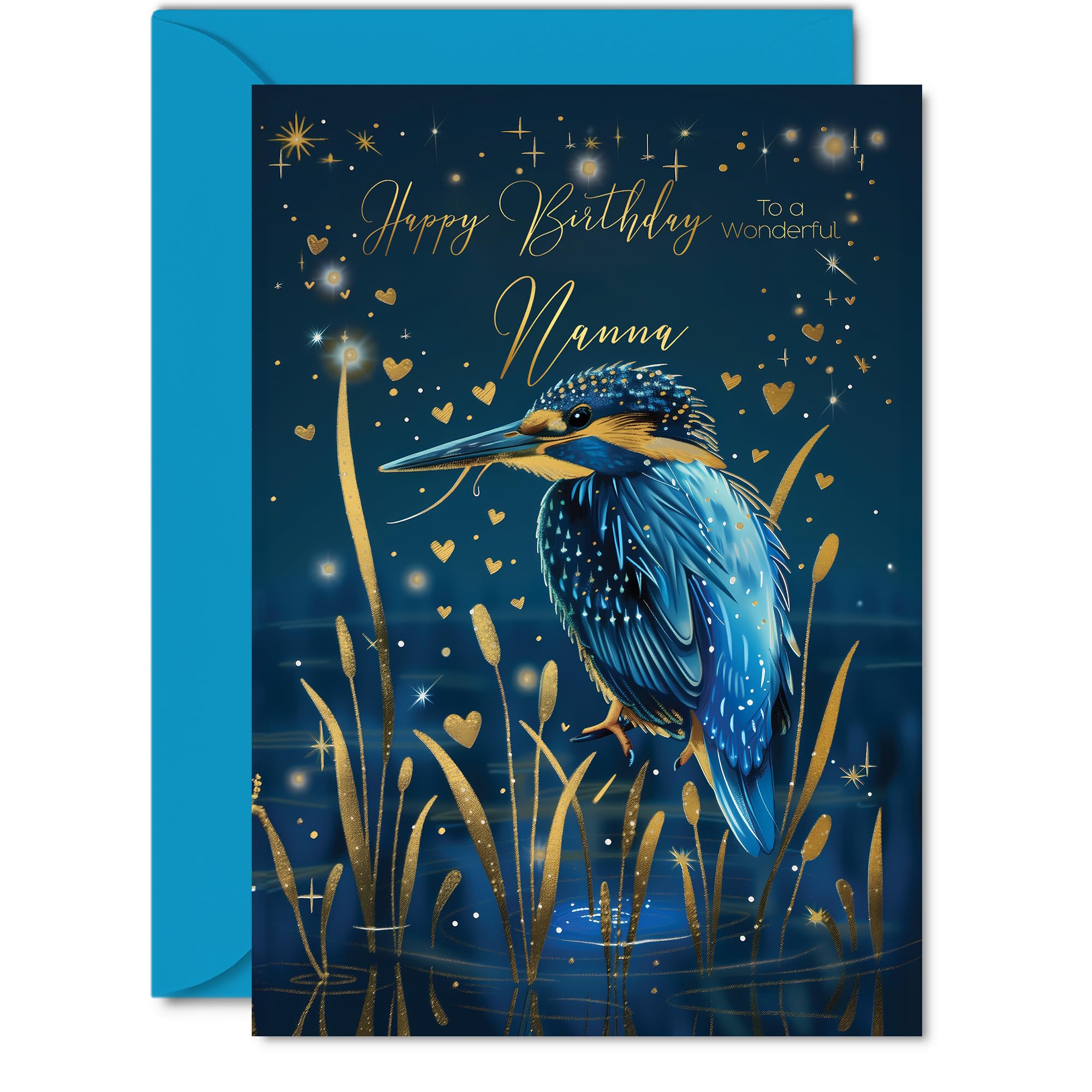 Beautiful Gold Birthday Cards for Nanna - Wonderful Golden Kingfisher - Pretty Traditional Elegant Birthday Card for Nanna from Granddaughter Grandson, A5 Gran Gorgeous Greeting Cards Gift