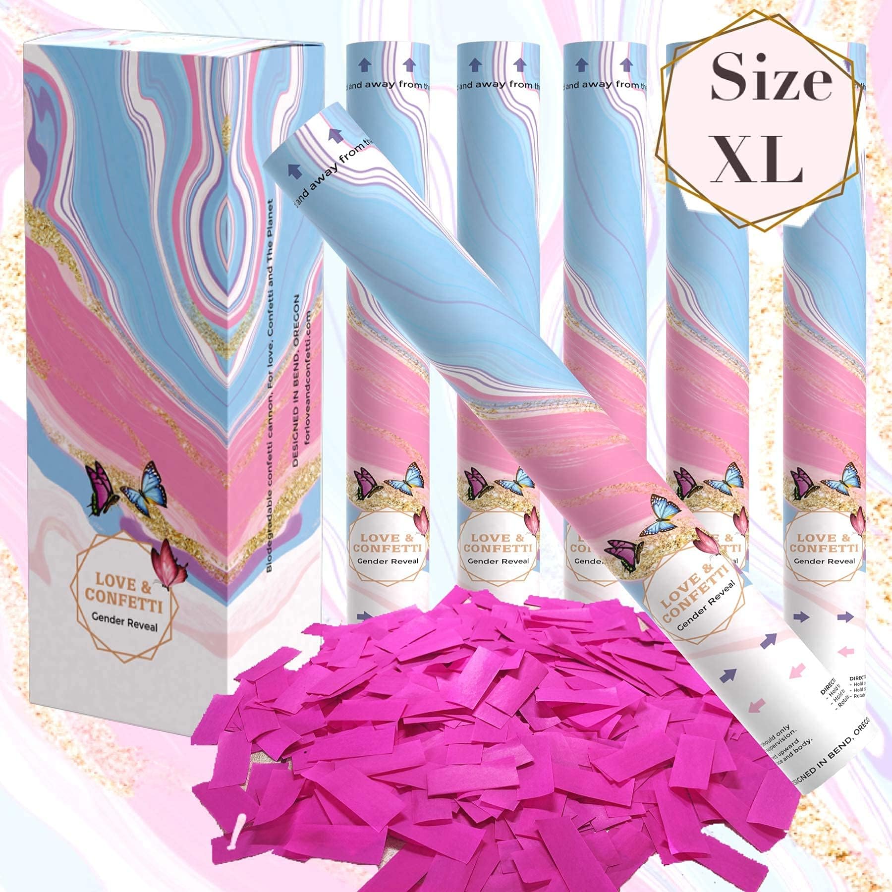 LOVE and CONFETTI Gender Reveal Party Supplies - Gender Reveal Poppers - 100% Biodegradable -16" Length Confetti Cannon - Shoots 20Ft - Compressed Air & No Chemicals or Smoke - Large Pack of 6